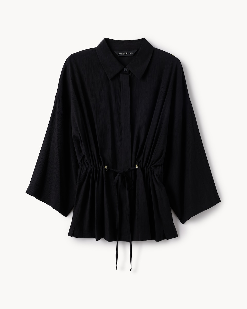 image 1 of F&F Textured Tie Waist Co-ord Blouse in Black