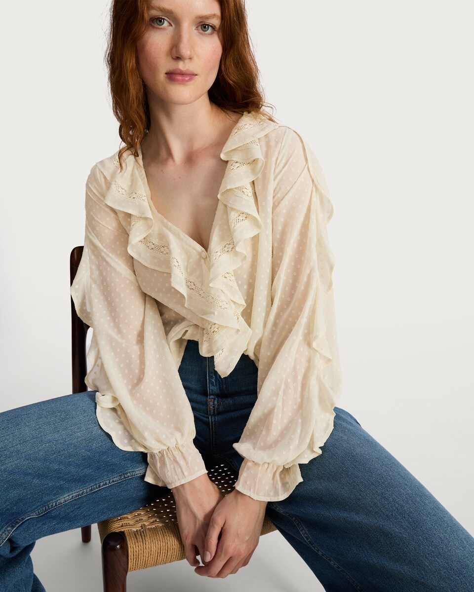 image 1 of F&F Woven Dobby Textured Ruffle Detail Blouse in Cream