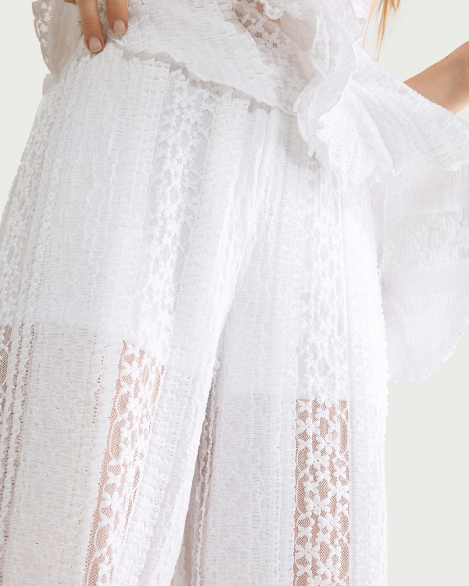image 1 of F&F Lace Textured Wide Leg Co-ord Trousers in Cream
