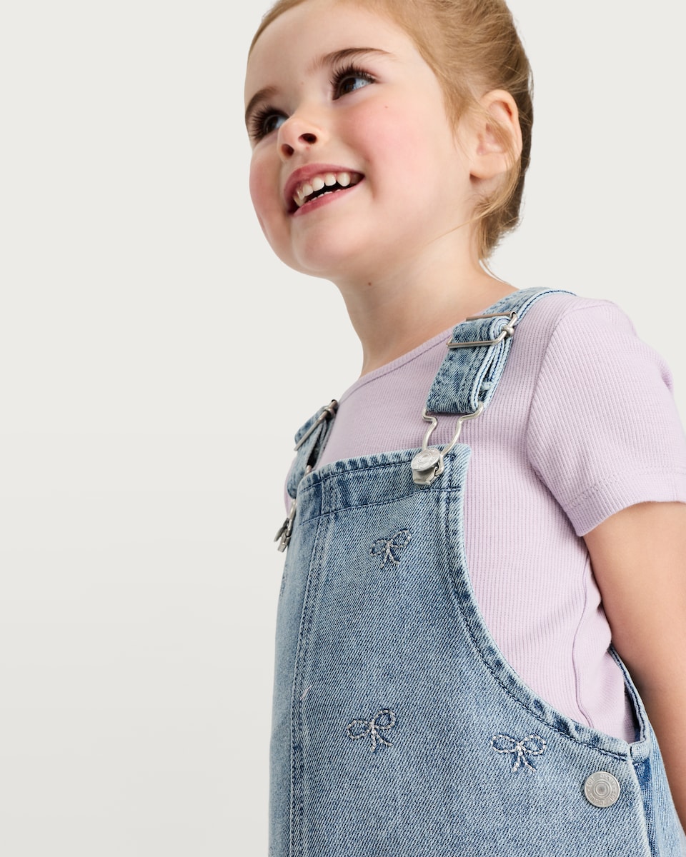 image 1 of F&F Girls Cotton Rich Denim Pinafore and T-Shirt Set in Multi Blue