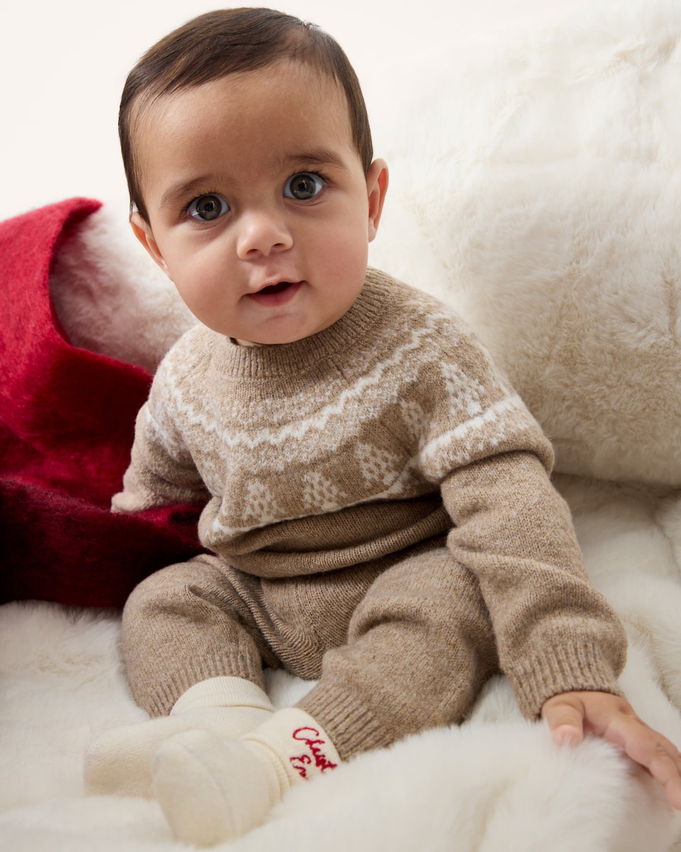 image 1 of F&F Baby Christmas Fair Isle Jumper and Joggers Set in Neutral