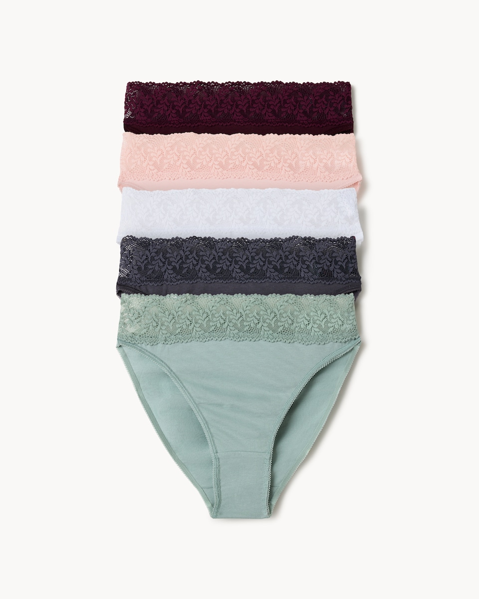 image 1 of F&F 5-Pack Cotton Rich Lace Trim High Leg Knickers in Multi