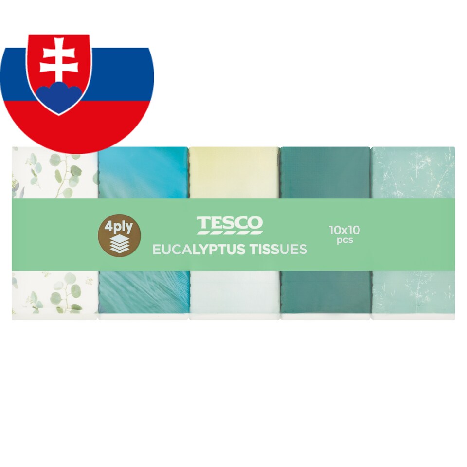 Tesco Papierové vreckovky parfumované eucalyptus 4 vrstvy 10 x 10 ks
