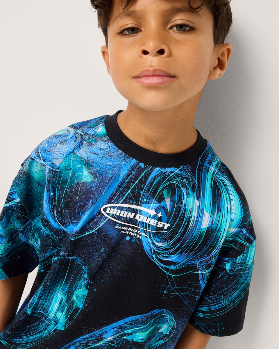 image 1 of F&F Boys Pure Cotton Printed T-Shirt in Blue