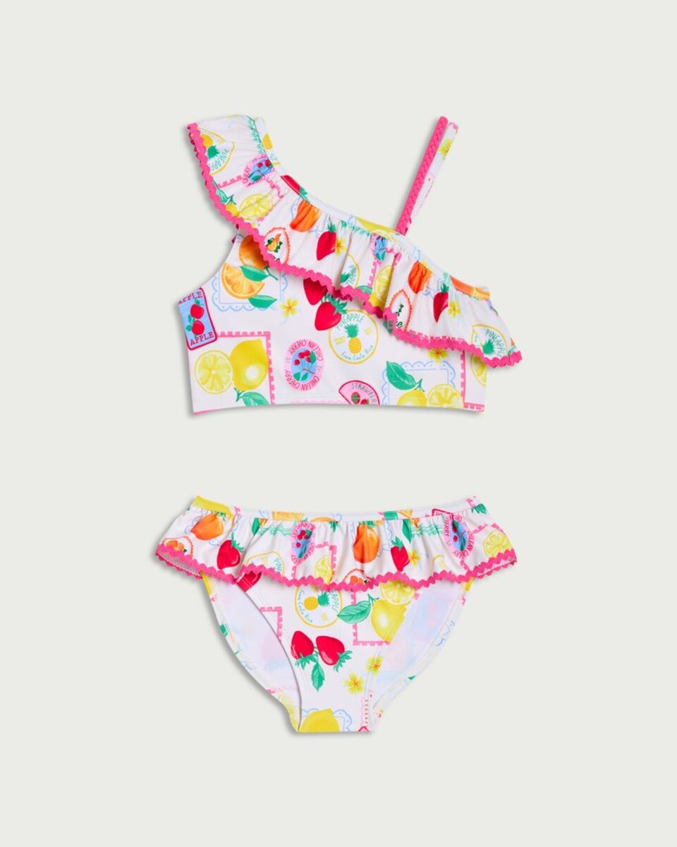 image 1 of F&F Girls 2-Piece Fruit Print Ruffle Trim Bikini Set in White