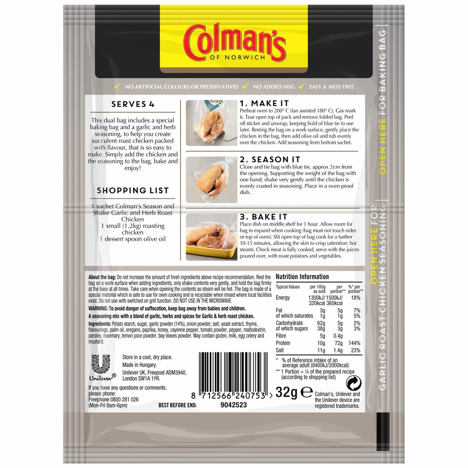 image 1 of Colman's Season & Shake Garlic & Herb Roast Chicken Mix 32G