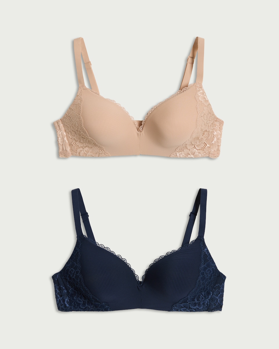 image 1 of F&F 2-Pack Ribbed Lace Trim Non-Wired Bras in Navy