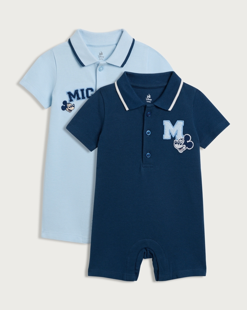 Disney Mickey Mouse 2-Pack Pure Cotton Short Sleeved Rompers in Blue