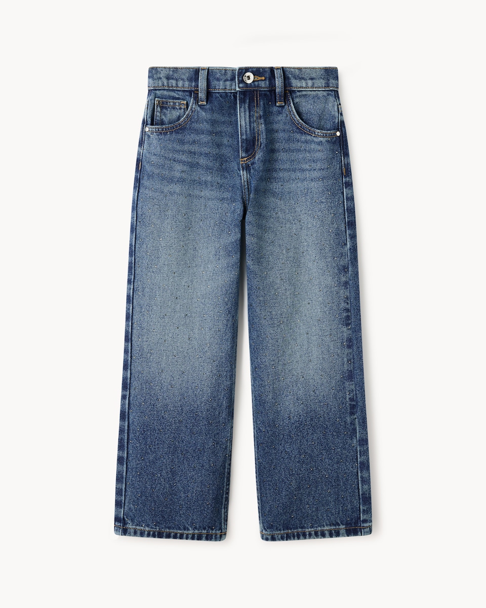 image 1 of F&F Girls Pure Cotton Embellished Wide Leg Jeans in Blue