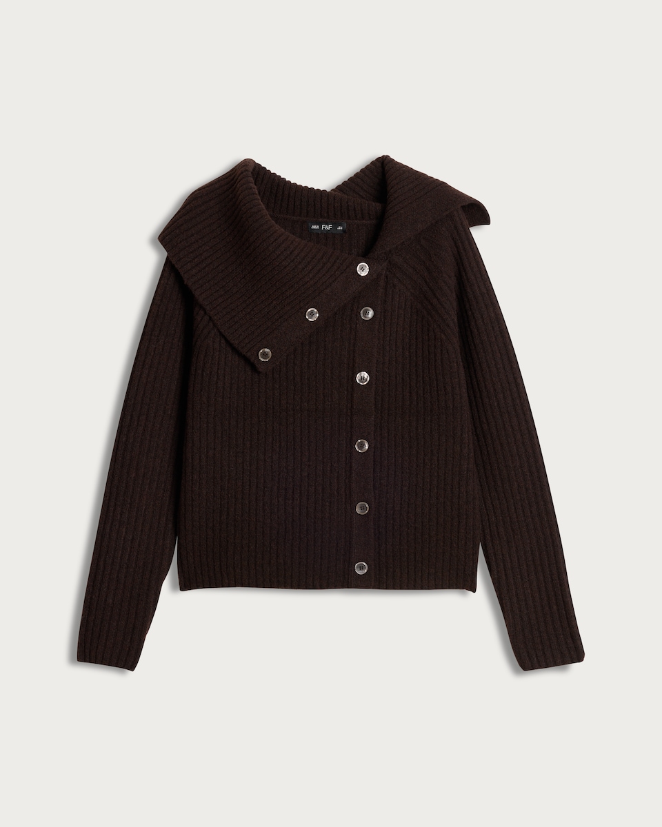 image 1 of F&F Ribbed Button Up Bardot Jumper in Chocolate