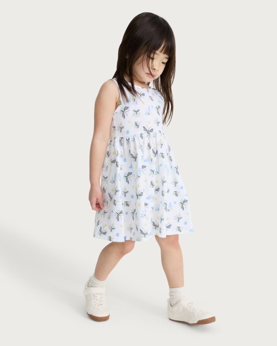 image 1 of F&F Girls Pure Cotton Butterfly Print Sleeveless Dress in Blue