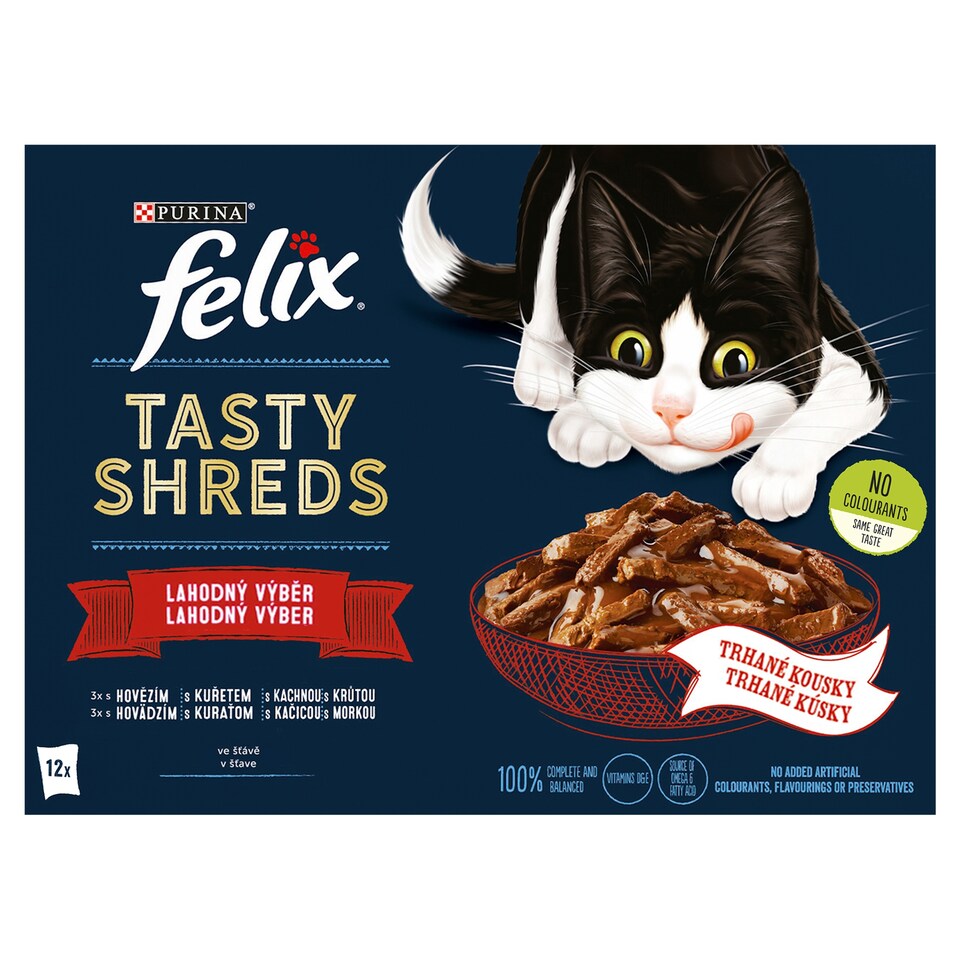 obrázok 1 z Felix Tasty Shreds kapsičky pre mačky hovädzie, kura, kačica, morka v šťave 12 x 80 g