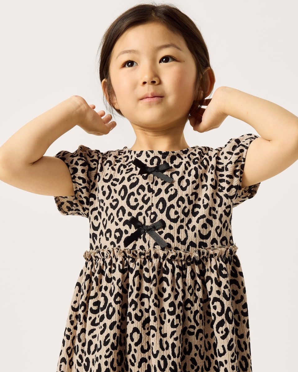 image 1 of F&F Girls Leopard Print Short Sleeved Dress in Multi Brown
