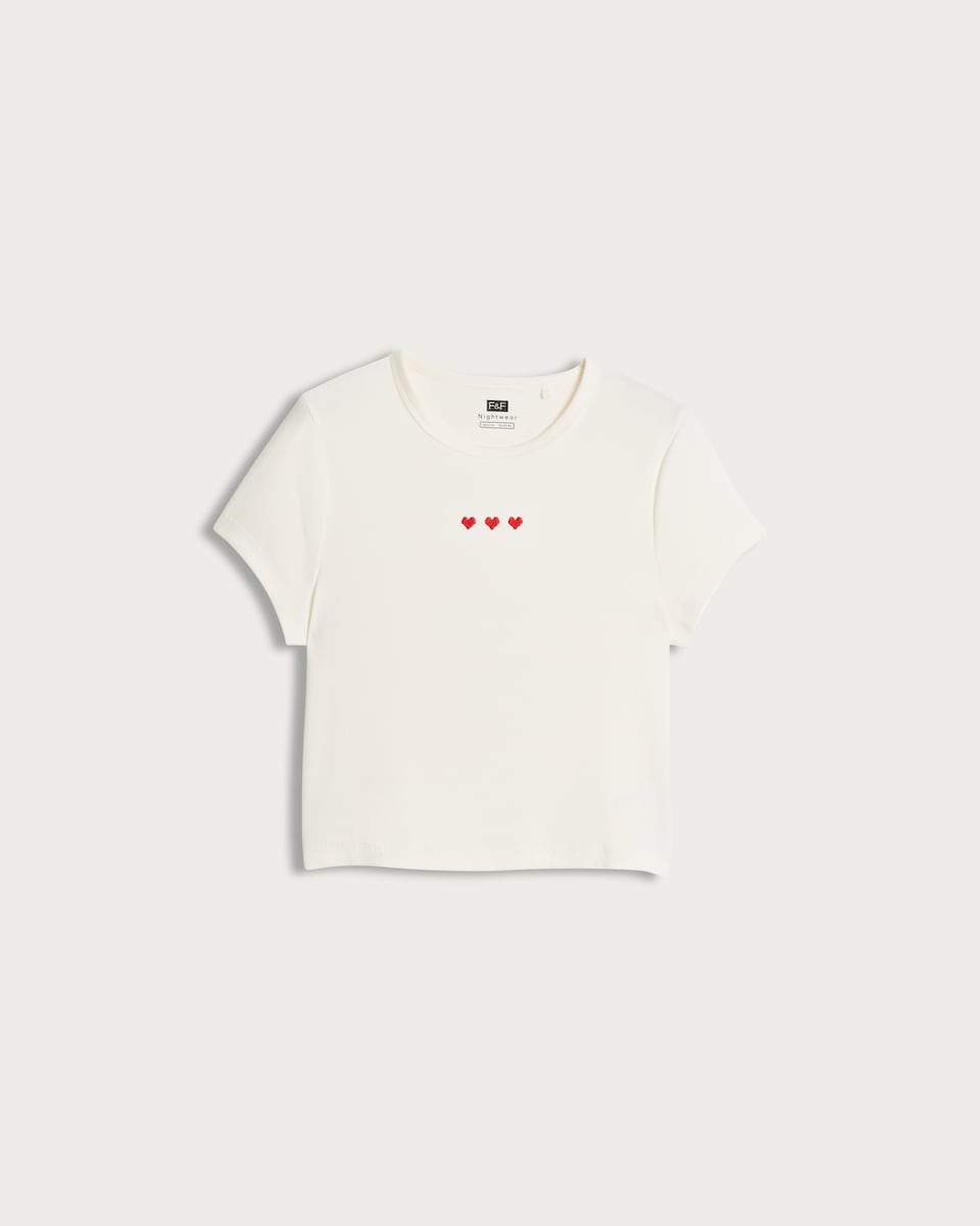 image 1 of F&F Cotton Rich Heart Embroidered Pyjama T-Shirt in White