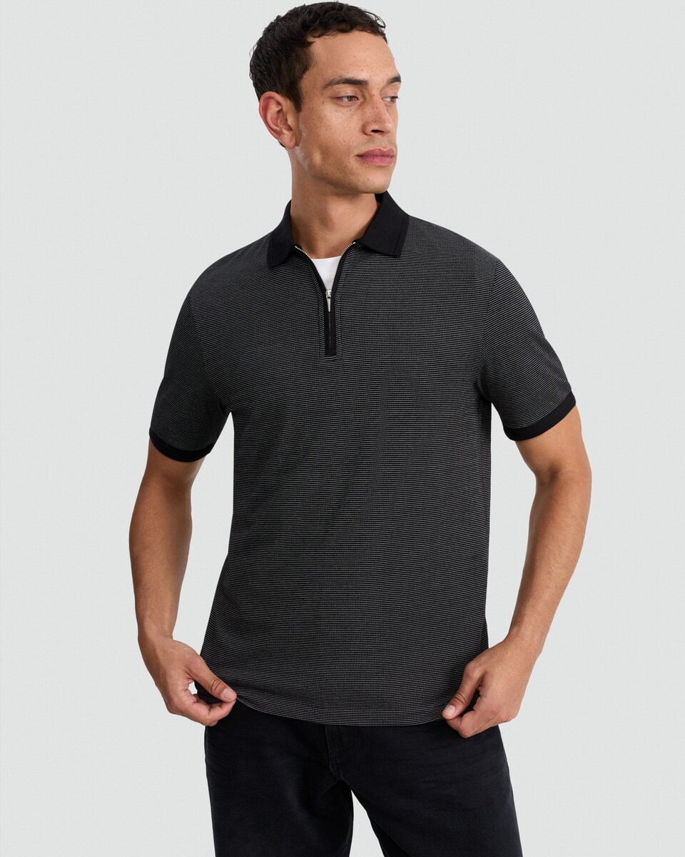 image 1 of F&F Cotton Rich Stripe Print Zip Neck Short Sleeved Polo Shirt in Black