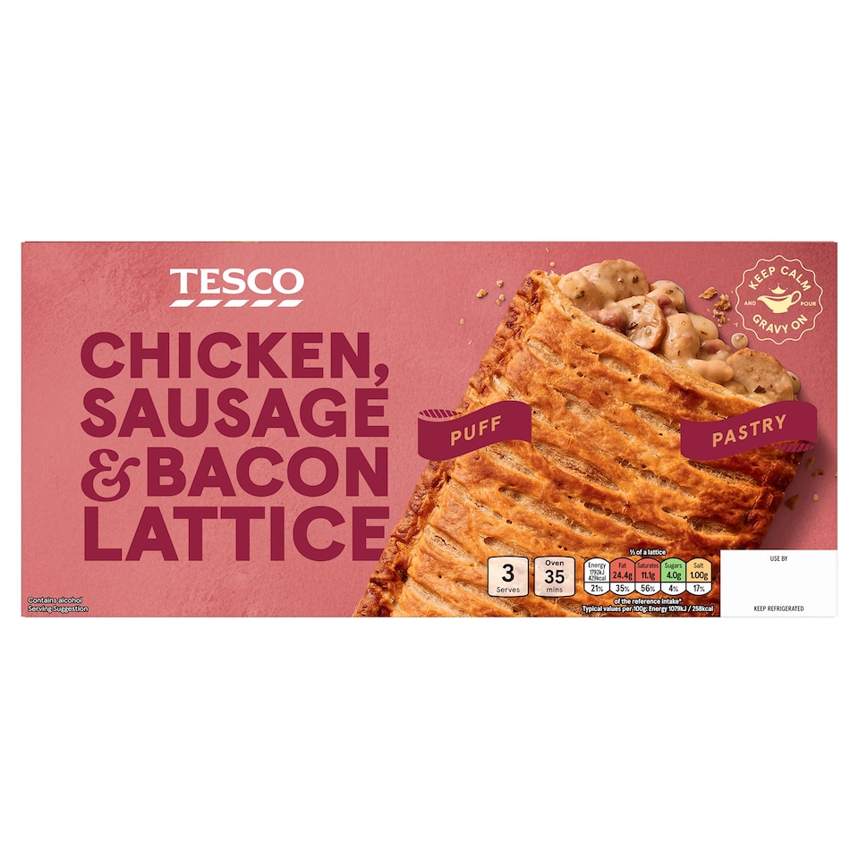 TESCO CHICKEN, BACON & SAUSAGE LATTICE 500G
