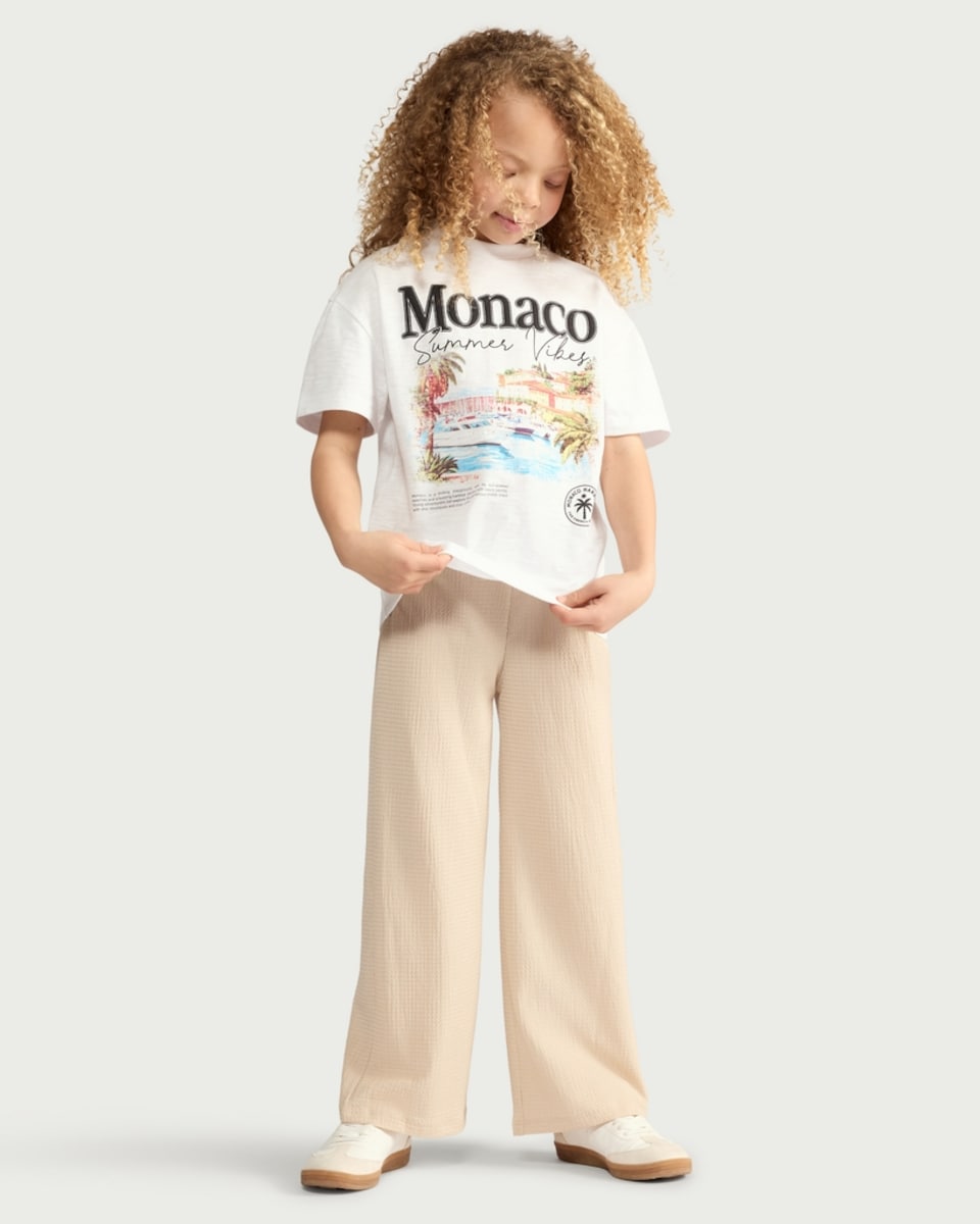 image 1 of F&F Girls Crinkle Textured Wide Leg Drawstring Trousers in Neutral