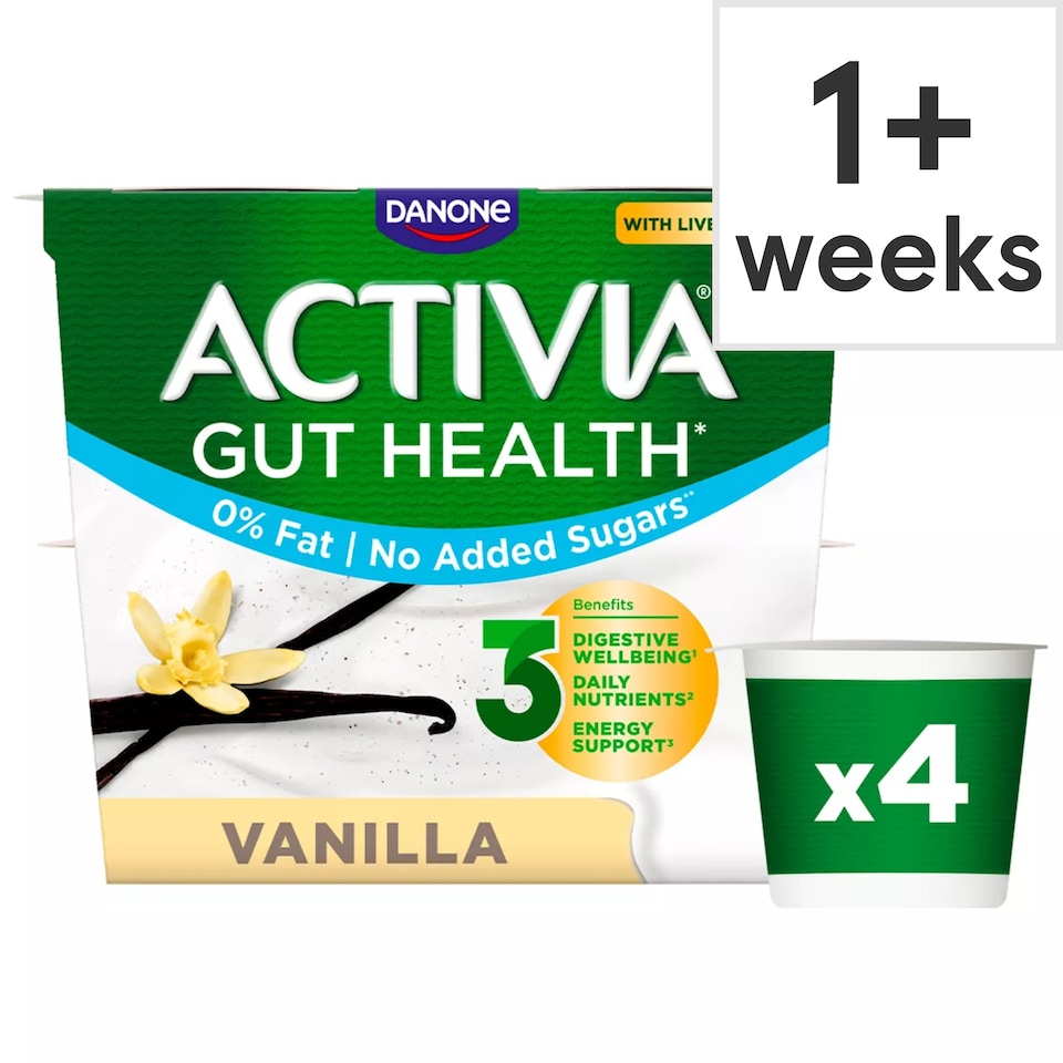 Activia Vanilla No Added Sugar Fat Free Gut Health Yoghurt Multipack 4x115g