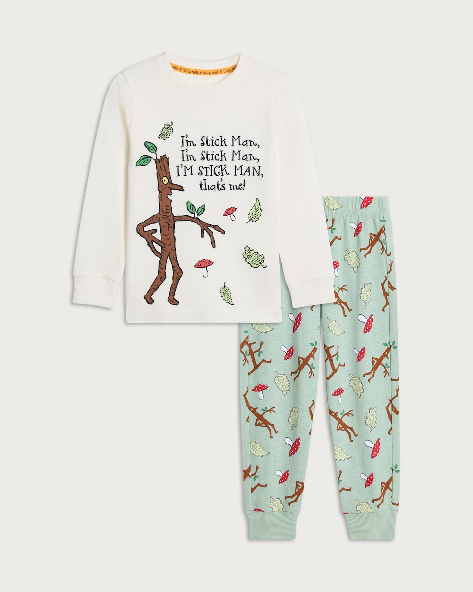 image 1 of F&F Boys Pure Cotton Stick Man Sweatshirt and Bottoms Pyjama Set in Cream