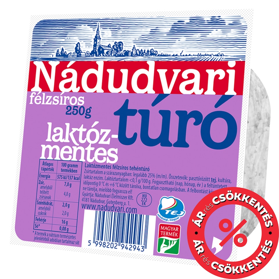 Nádudvari Semi-Fat Lactose Free Cottage Cheese 250 g