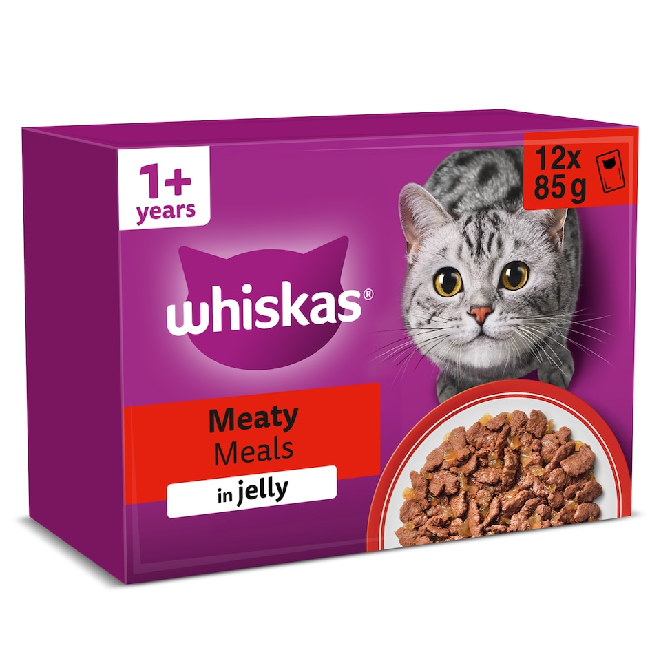 image 1 of Whiskas Adult Wet Cat Food Pouches Meaty Meals in Jelly 12x85g