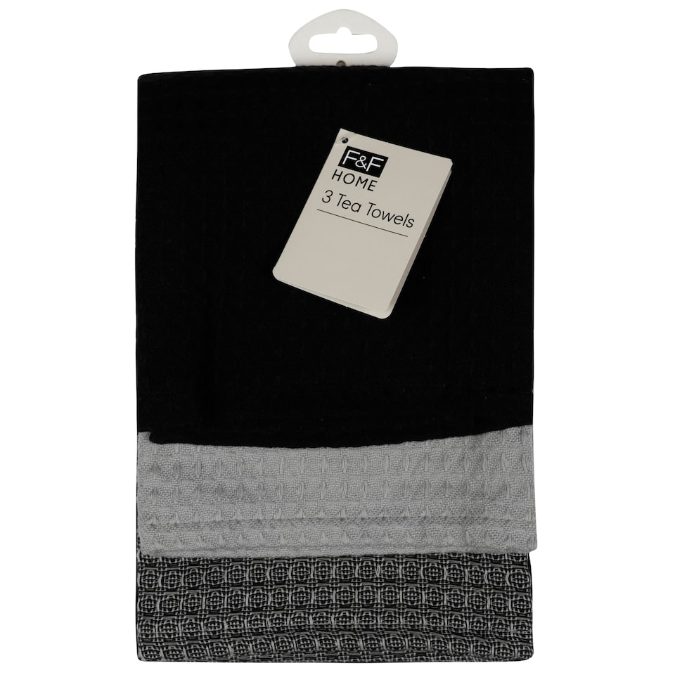 F&F Home Black Waffle Tea Towel 3 pack