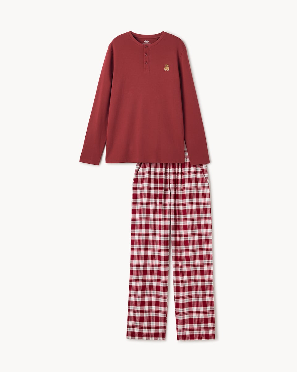 image 1 of Christmas Pure Cotton Waffle Henley Checked Bottoms Pyjama Set in Red
