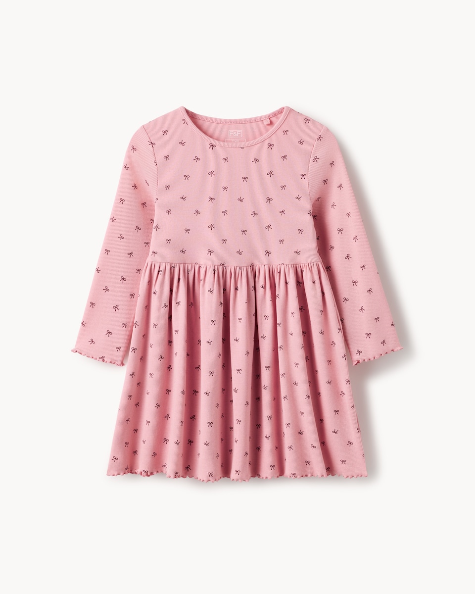 image 1 of F&F Girls Cotton Rich Ribbed Bow Print Dress in Pink