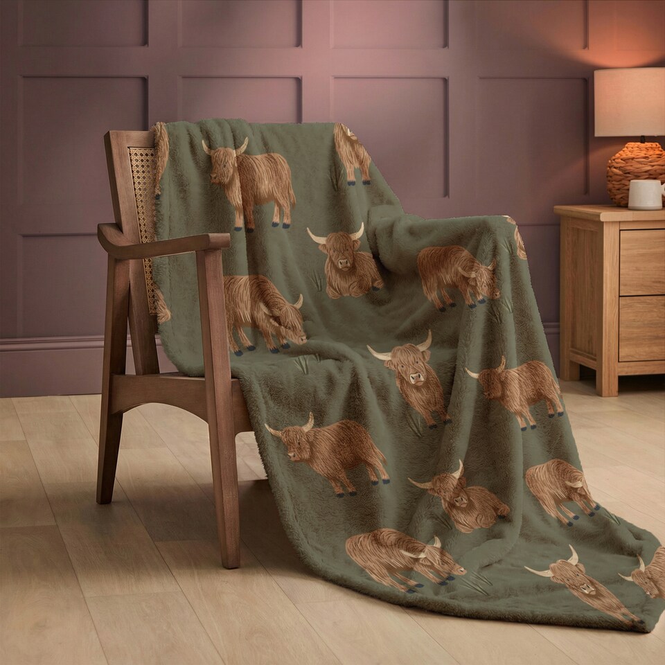 image 1 of Silentnight Green Highland Cow Fleece Throw