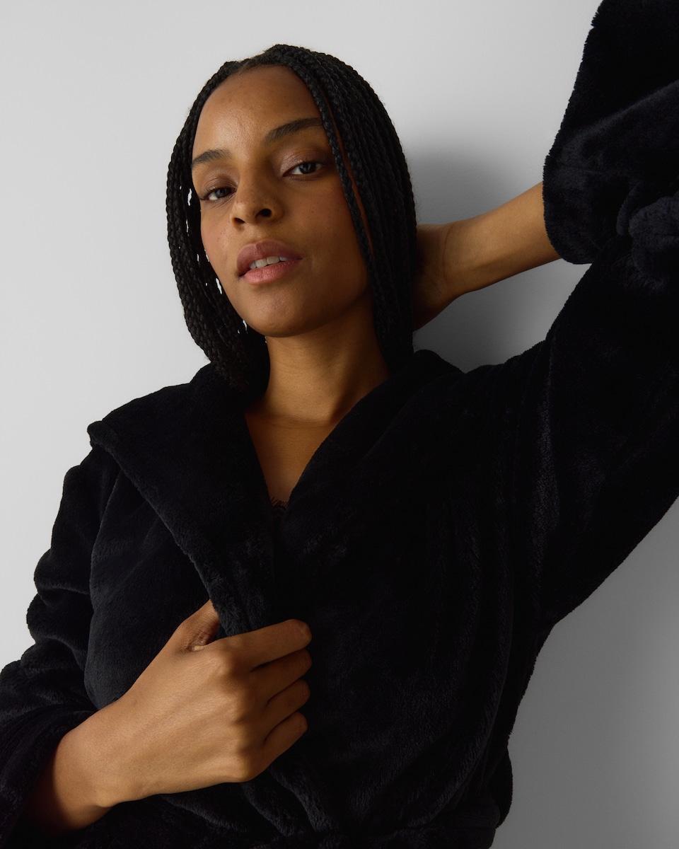 image 1 of F&F Fleece Hooded Dressing Gown in Black
