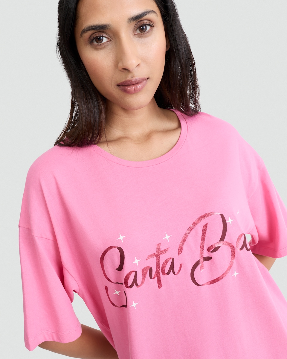 image 1 of F&F Pure Cotton Santa Baby Foil Slogan Nightdress in Pink