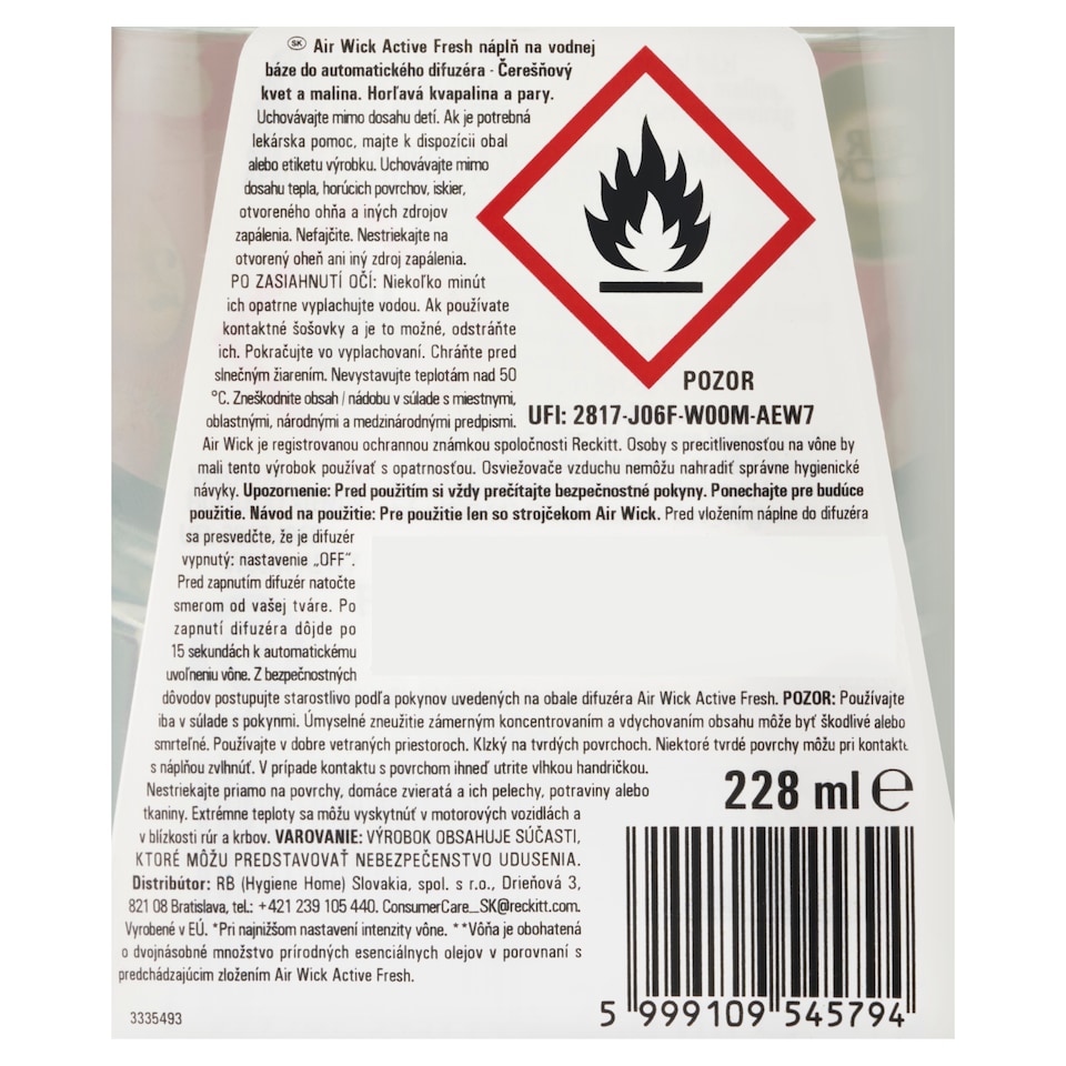Obrázek 1 pro produkt Air Wick Active Fresh Náplň na vodní bázi do automatického difuzéru třešňový květ a malina 228ml