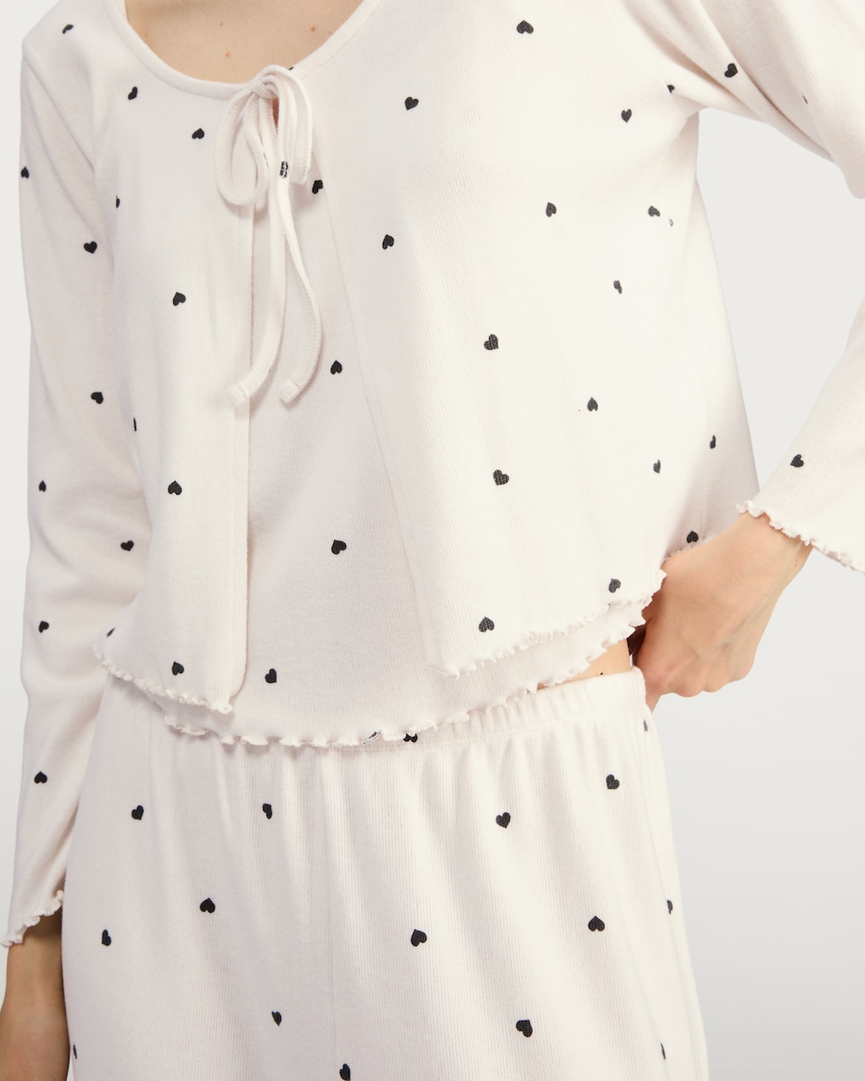 image 1 of F&F 3-Piece Ribbed Heart Print Pyjama Set in Beige