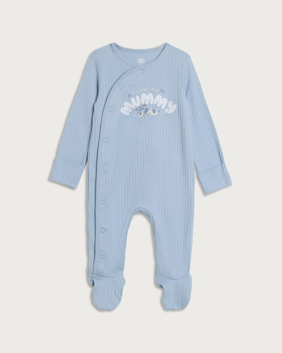 image 1 of F&F Baby Pure Cotton Ribbed I Love My Mummy Long Sleeved Sleepsuit in Blue