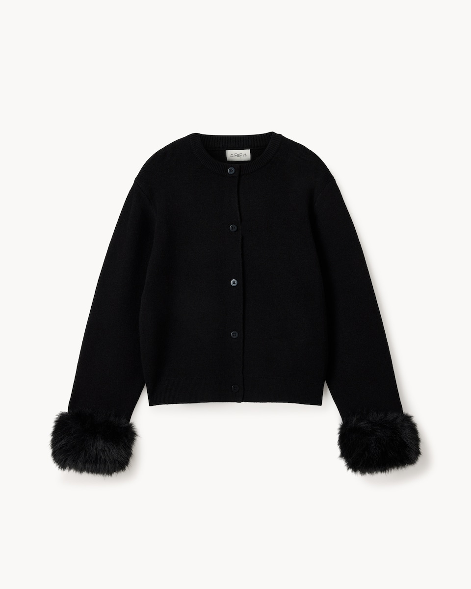 image 1 of F&F Girls Faux Fur Cuff Cardigan in Black