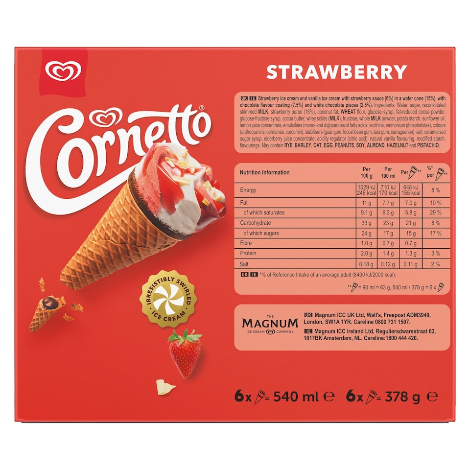 image 1 of Cornetto Ice Cream Cone Strawberry 6x90ml
