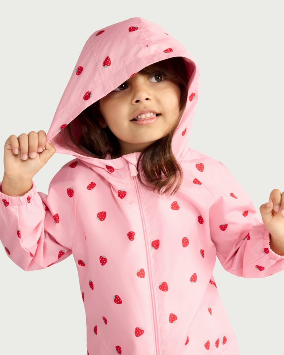 image 1 of F&F Girls Heart Print Shower Resistant Puddlesuit in Pink