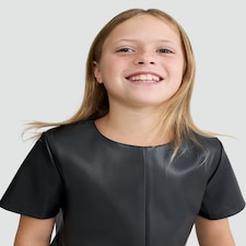 F&F Girls Faux Leather Short Sleeved Dress in Black
