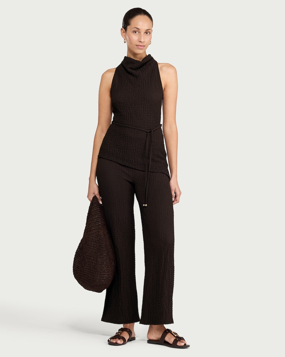 image 1 of F&F Crinkle Textured Wide Leg Co-ord Trousers in Chocolate