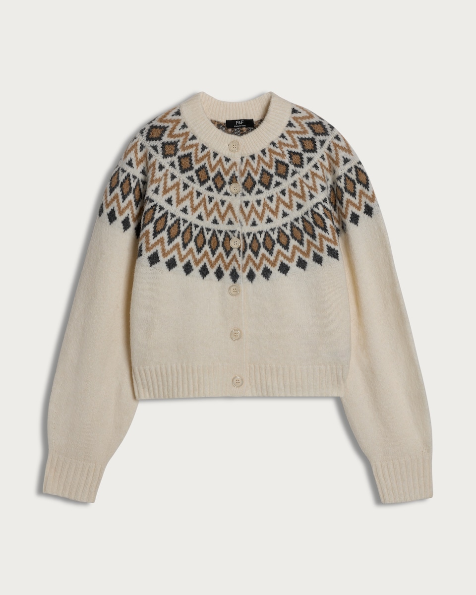 F&F Knitted Fair Isle Pattern Cardigan with Wool in Neutral