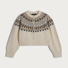 F&F Knitted Fair Isle Pattern Cardigan with Wool in Neutral