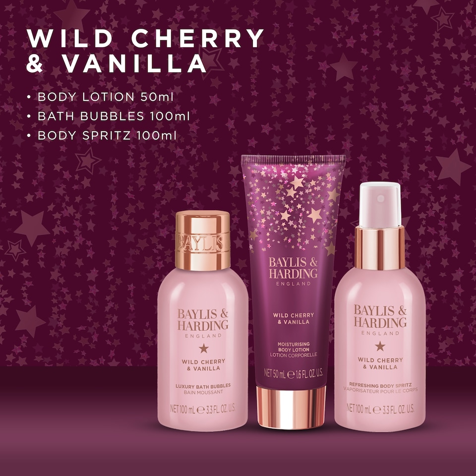 image 1 of Baylis & Harding Wild Cherry & Vanilla Gift Wrapped Pamper Trio Gift Set