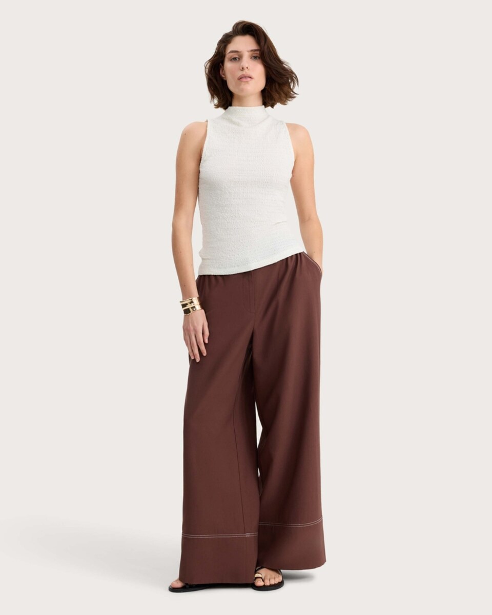 image 1 of F&F Cotton Rich Crinkle Textured High Neck Sleeveless Top in Cream