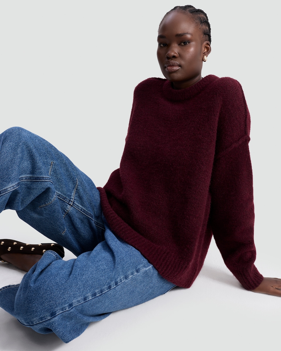 image 1 of The F&F Edit Ribbed Crew Neck Jumper with Wool in Burgundy