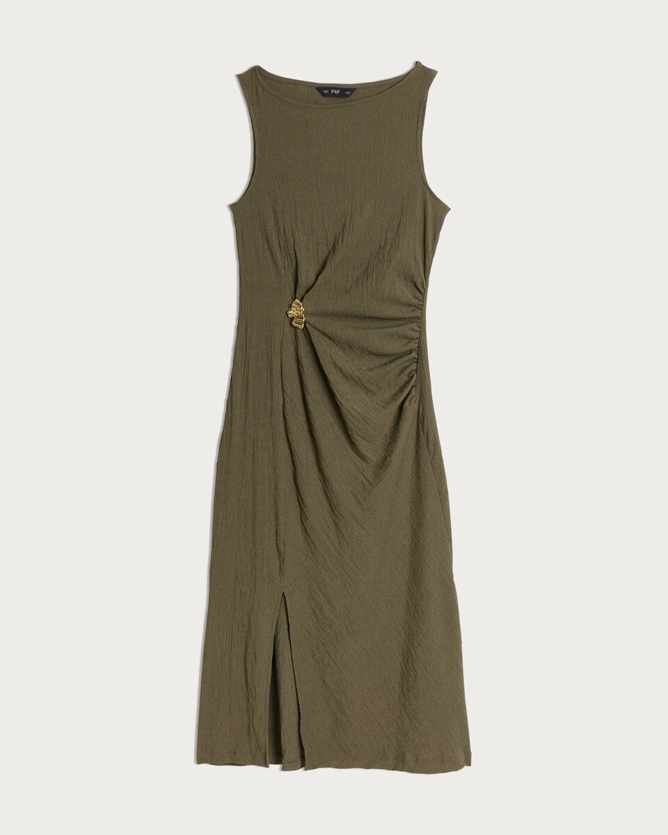 F&F Crinkle Textured Gold Buckle Sleeveless Dress in Khaki
