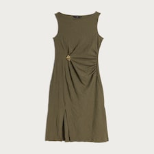F&F Crinkle Textured Gold Buckle Sleeveless Dress in Khaki