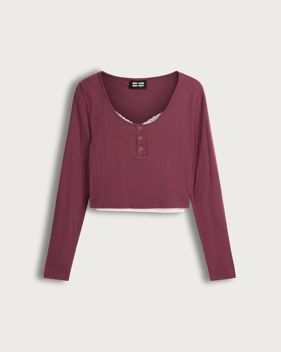OH ME OH MY Cotton Rich Double Layer Henley Top in Burgundy