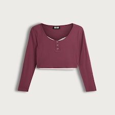 OH ME OH MY Cotton Rich Double Layer Henley Top in Burgundy