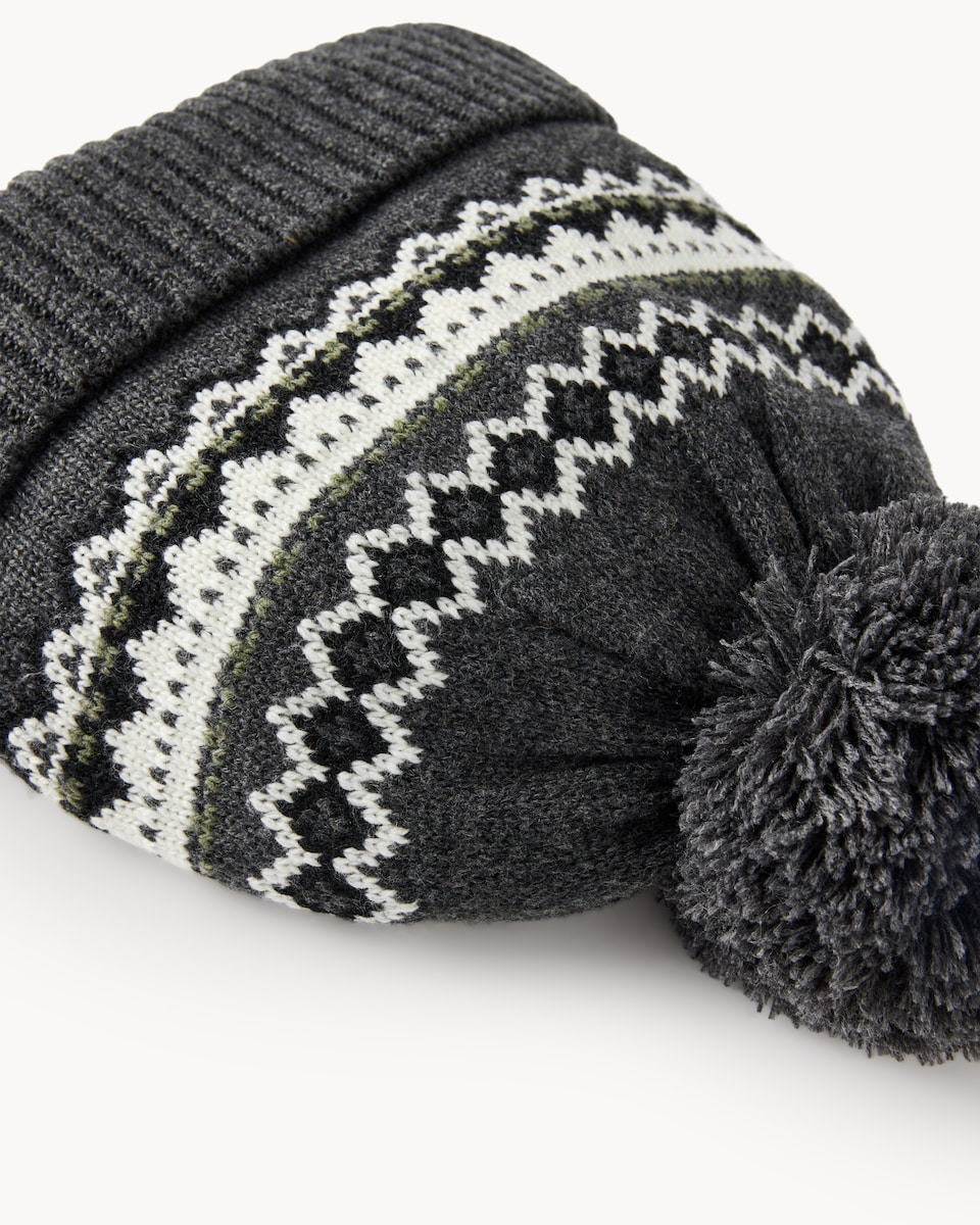 image 1 of F&F Fair Isle Pom Pom Hat in Grey
