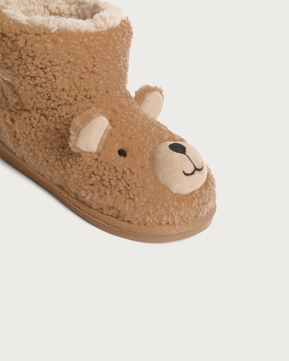 image 1 of F&F Girls Borg Bear Face Boot Slippers in Brown